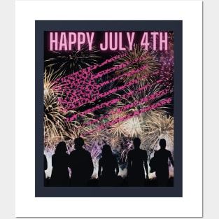 Happy July 4th Fireworks (silhouettes + pink flag) Posters and Art